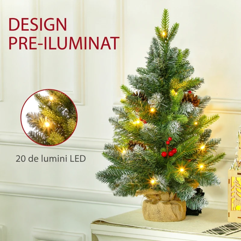 HOMCOM Mini Brad de Crăciun 60 cm cu lumini LED, 141 ramuri, conuri de pin, bobițe roșii, bază din ciment, verde