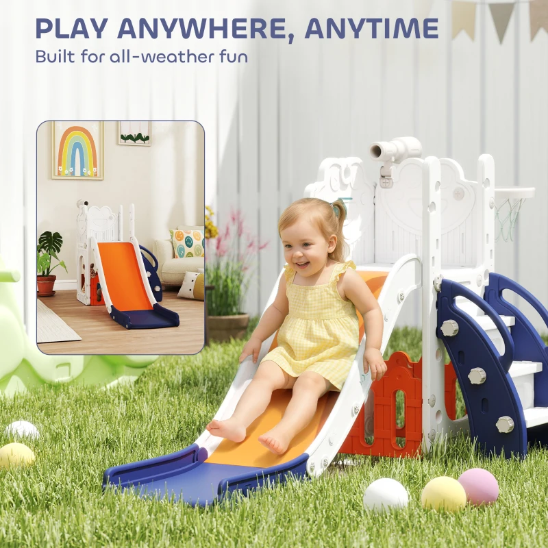 AIYAPLAY Toboggan pour tout-petits 5 en 1 toboggan autoportant pour enfant avec panier de basket, télescope, 178x70x86cm, jaune
