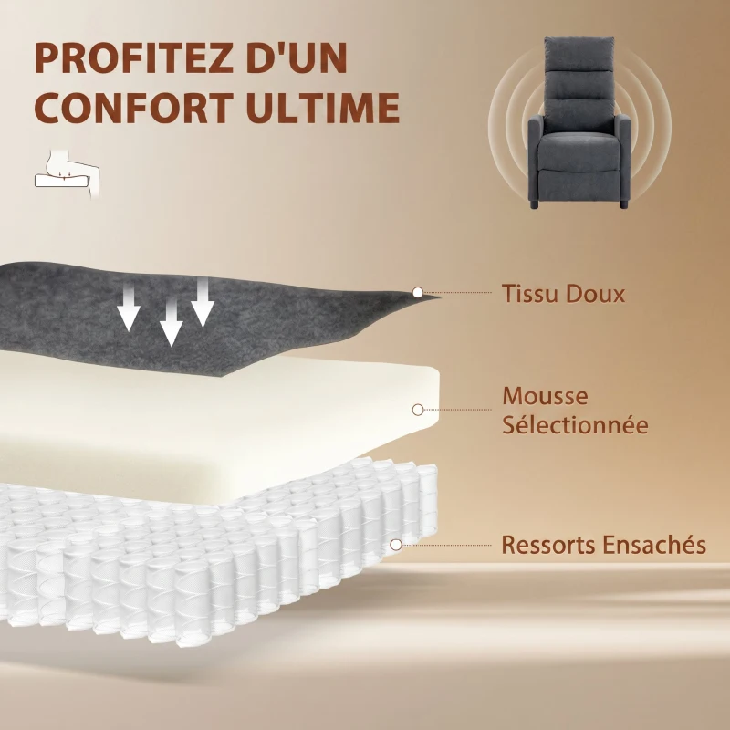 HOMCOM Fauteuil Inclinable de Massage par Vibration, Fauteuil de Relaxation en Chenille avec Dossier Réglable par Poussée, Gris