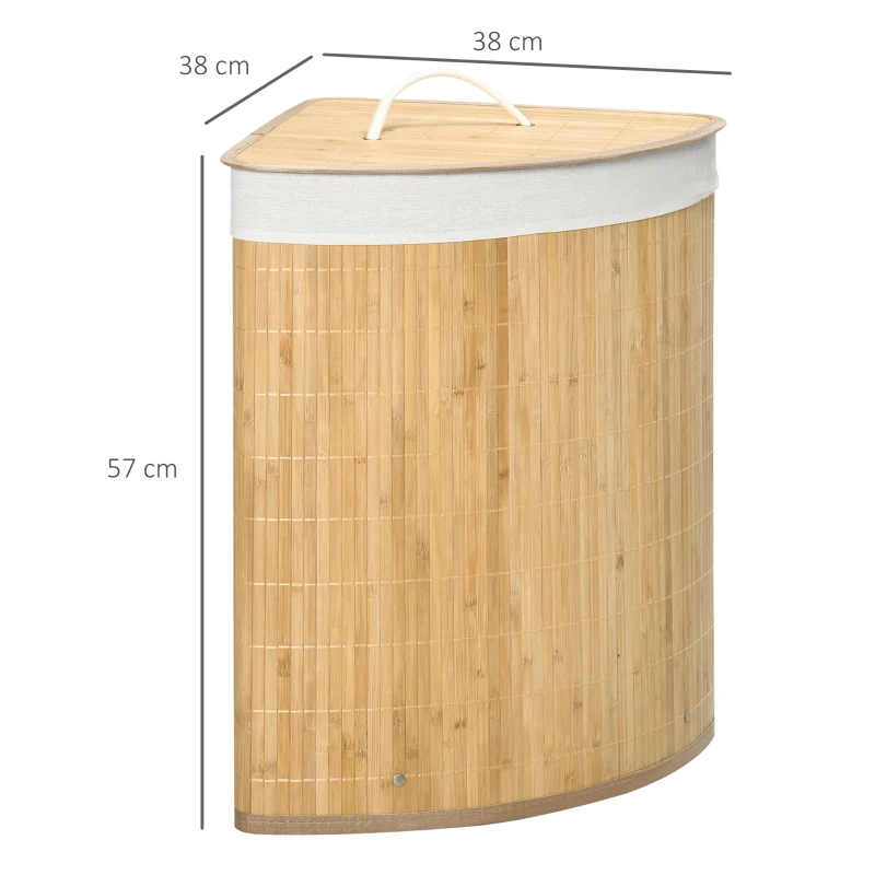 HOMCOM 55 L Wasmand met Deksel, Handvat, Was Sorteerder met Verwijderbare Waszak voor Badkamer, Bamboe, Natuur