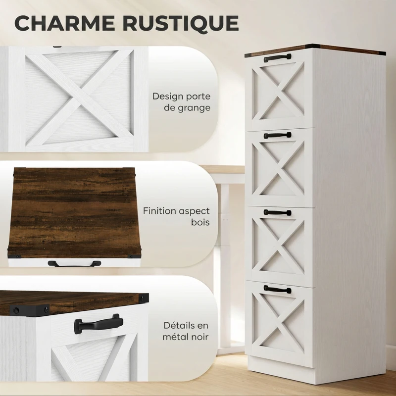 HOMCOM Caisson de Bureau avec 4 Tiroirs, Dossiers Suspendus pour Formats Lettre/A4, Style Rustique, 40x40x131cm, Blanc