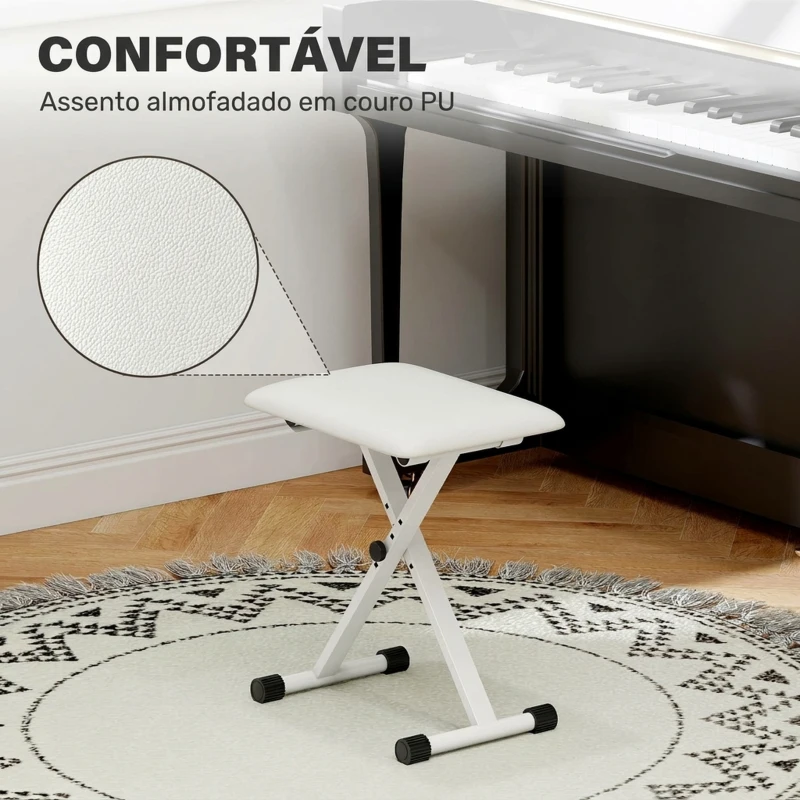 HOMCOM Banco de Piano Dobrável com Altura Ajustável 37-47 cm, Acolchoado em PU, Banco para Teclado, Pés Metálicos, Branco