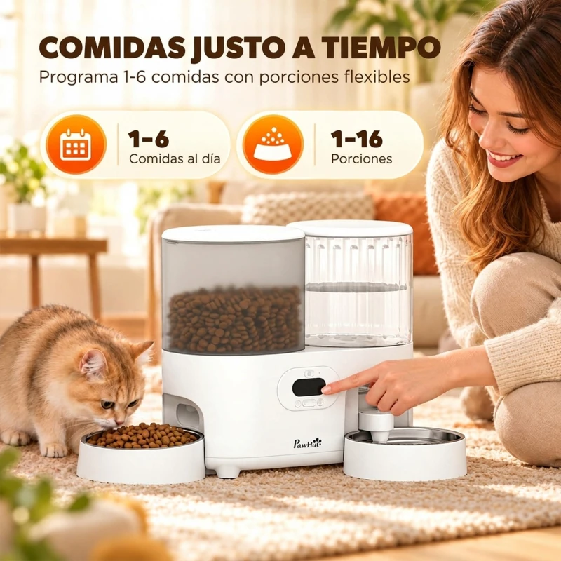 PawHut Comedero Automático para Gatos/Perros con Dispensador de Agua 2 en 1 5L Comida y 4L Agua con Temporizador Cuencos Inox