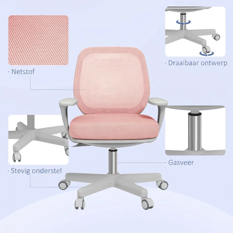 Vinsetto Bureaustoel, Ergonomische Bureaustoel met Draaifunctie, Verstelbaar 55 x 48 x 82,5-94,5 cm Roze(m-7)