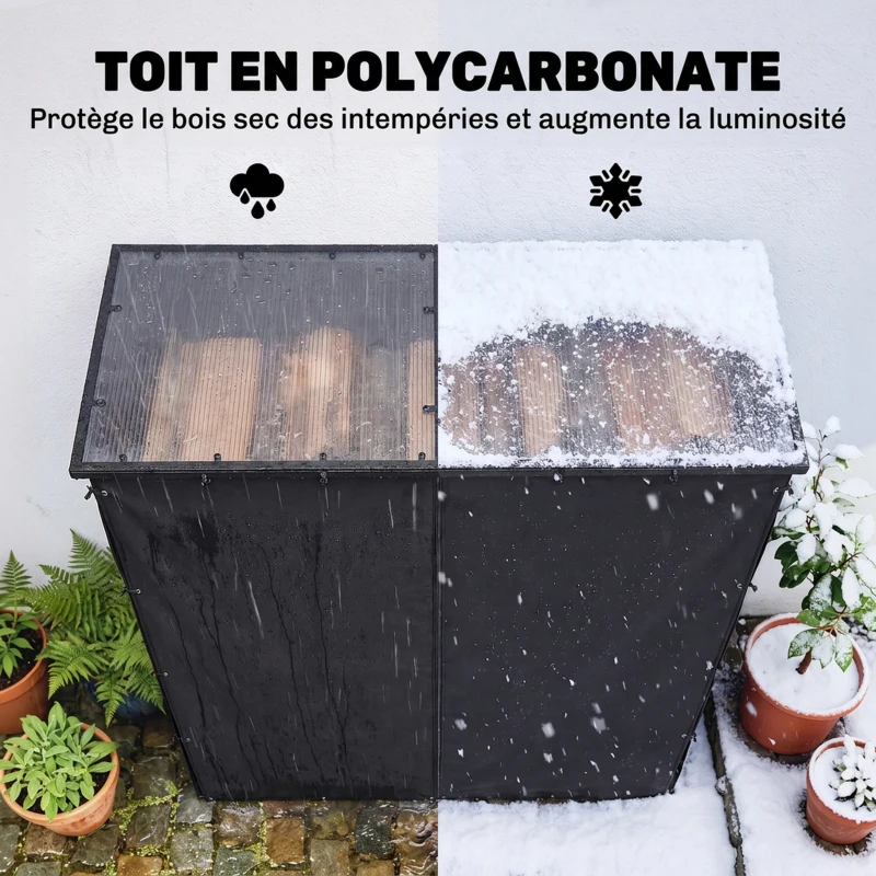 Outsunny Abri-bûches range-bûche extérieur charge maximale 2000 kg avec housse de protection imperméable 185 x 62 x 184 cm noir