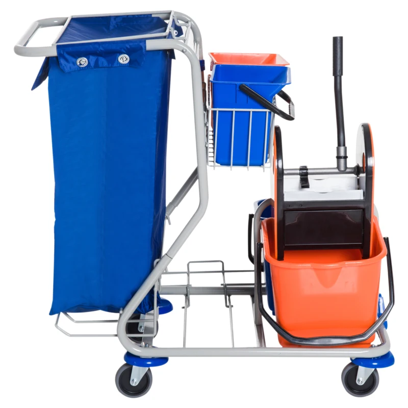 HOMCOM Schoonmaakwagen schoonmaaktrolley met wielen 4 verrijdbare emmers, dweilwagen, blauwe systeemwagen(m-4)