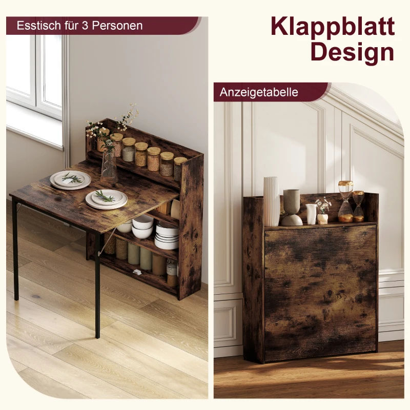 HOMCOM Uitklapbare eettafel met rek, industrieel design, ruimtebesparend, voor kleine ruimtes, 80x90x93 cm, Rustiek-bruin