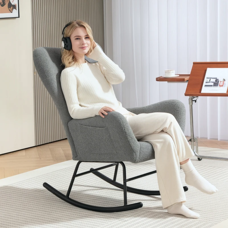 HOMCOM Schommelstoel, Pluizige Bekleding, Lendekussen, Antislip, Tot 120 kg, Grijs(m-8)