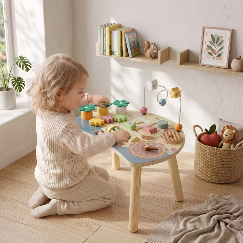 AIYAPLAY Mesa de Atividades em Madeira para Bebé 1-3 Anos, Montessori 6 em 1 com Engrenagens, Labirinto de Contas e Relógio