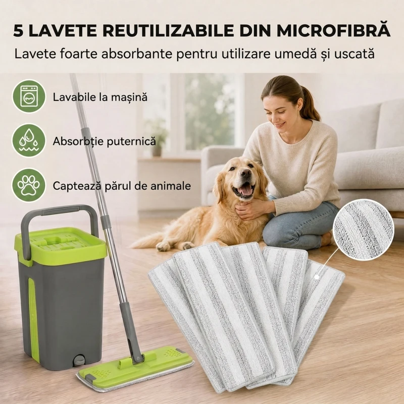HOMCOM Set Mop și Găleată cu 2 Compartimente și Storcător, 5 Lavete de Rezervă din Microfibră, Gri Închis