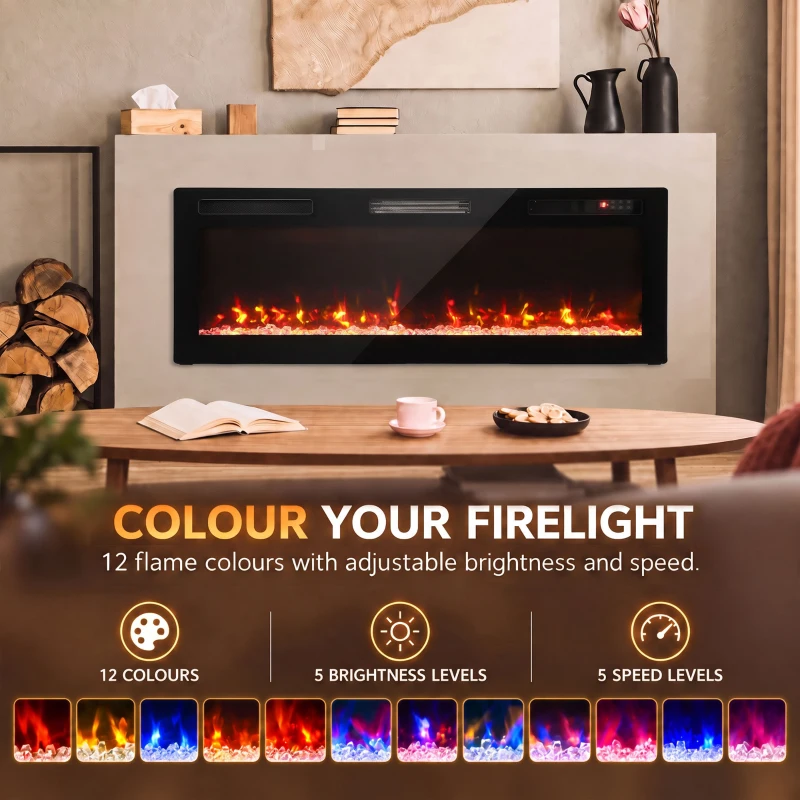 HOMCOM Ultra-Thin Electric Fire Wall Mounted/Recessed/Freestanding 127cm/50" Electric Fireplace with 12 Colours, 5 Brightness