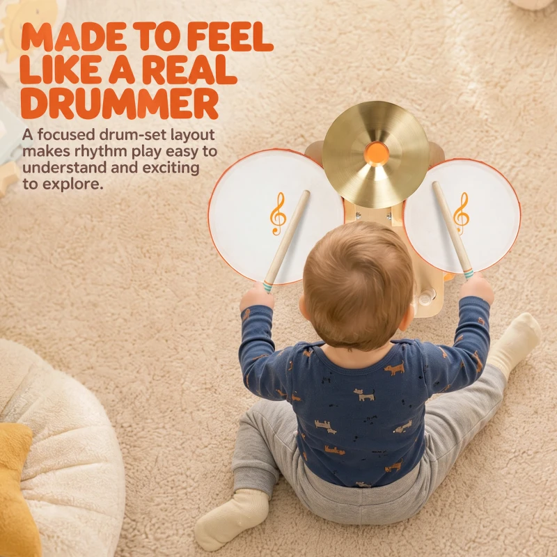 AIYAPLAY Kids Drum Kit, Wooden Musical Instruments with 2 Drums, Cymbal, Scraper, 2 Mallets for Toddlers, Music Learning, Natural