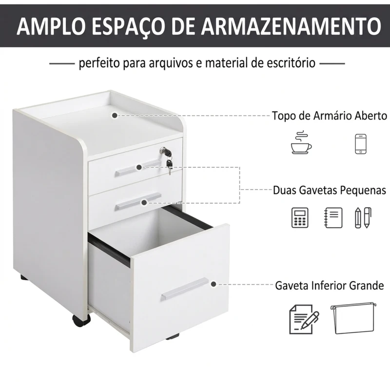 HOMCOM Gaveteiro de Secretária com Rodas e 3 Gavetas, Fechadura e 2 Chaves, Barras Ajustáveis para Arquivos, 39,2x40x65,4 cm, Branco