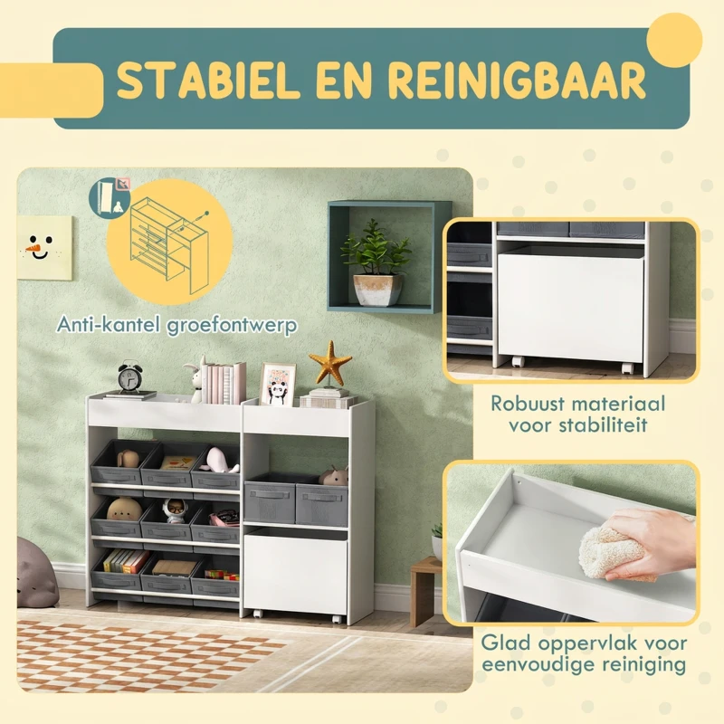 AIYAPLAY Kinderopbergrek, Speelgoedkast voor Kinderen met 11 Stoffen Bakjes, Bovenste Vakken, 3 Stickers, Wit