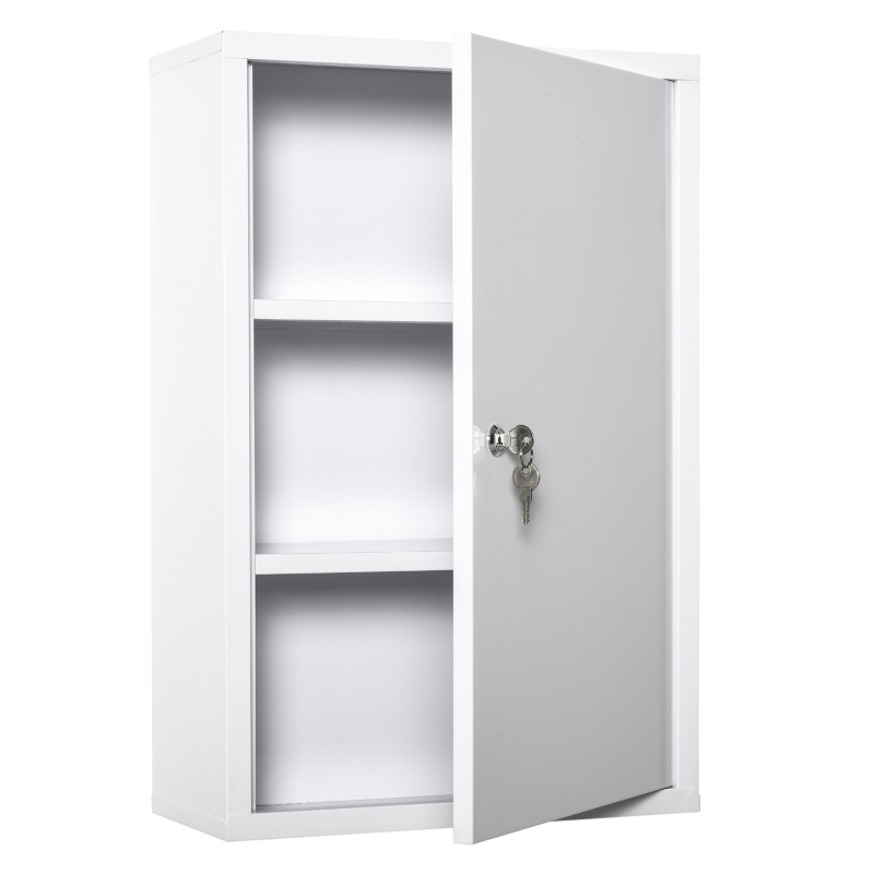 kleankin Medicijnkastje met Slot 3 Schappen Staal Wit 40 x 18 x 60 cm(m-11)