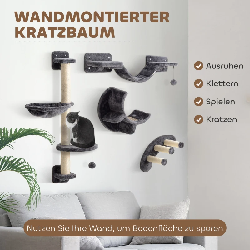 PawHut Klimwand Katten 4-delig Klimwand Set met Hangmat, Kattenbrug tot 5 kg, Donkergrijs