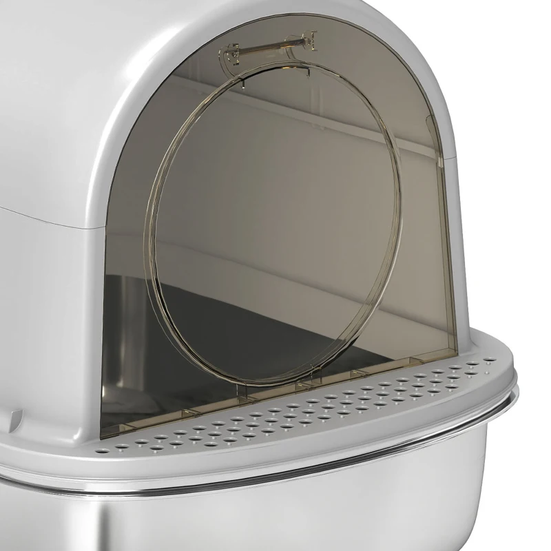 PawHut Maison de toilette pour chat bac à litière fermé bac acier inoxydable, nettoyage facile, 52,4 x 41,3 x 39,9 cm, blanc