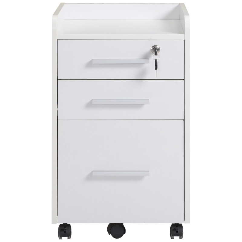 HOMCOM Gaveteiro de Secretária com Rodas e 3 Gavetas, Fechadura e 2 Chaves, Barras Ajustáveis para Arquivos, 39,2x40x65,4 cm, Branco