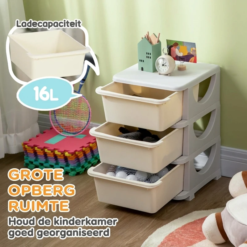 HOMCOM Opbergdozen voor Kinderen, 3 Grote Lades, Afgeronde Randen, Kunststof, 37x37x56,5 cm, Crèmewit