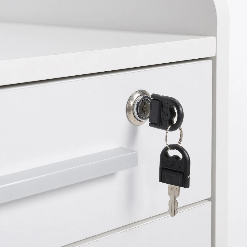 HOMCOM Gaveteiro de Secretária com Rodas e 3 Gavetas, Fechadura e 2 Chaves, Barras Ajustáveis para Arquivos, 39,2x40x65,4 cm, Branco