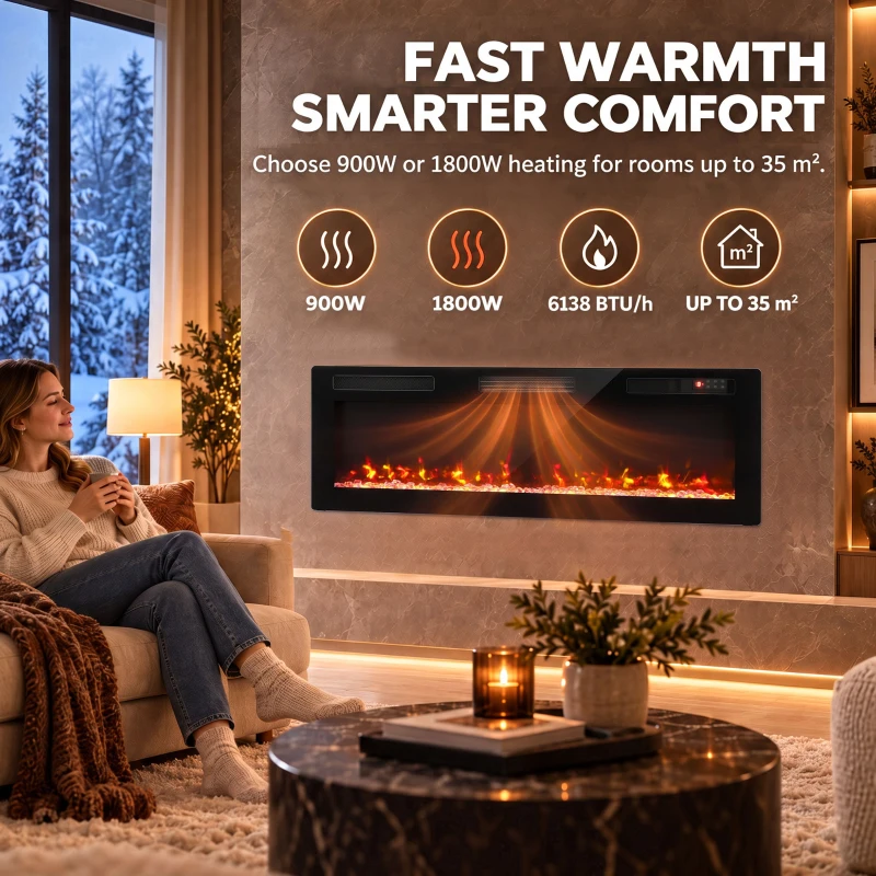 HOMCOM Ultra-Thin Electric Fire Wall Mounted/Recessed/Freestanding 127cm/50" Electric Fireplace with 12 Colours, 5 Brightness