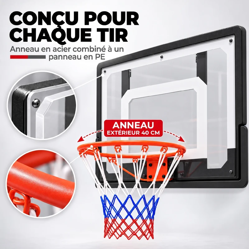 SPORTNOW Panier de Basket Mural ou sur Porte Arceau en Acier Ø40 cm Filet en Nylon Panneau en PE pour Intérieur Noir