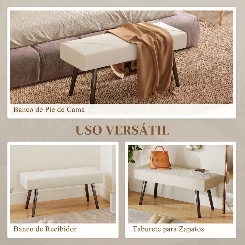 HOMCOM Taburete Pie de Cama Multifuncional con Pies de Acero y Asiento Acolchado para Entrada Pasillo 100x36x45 cm Blanco Crema