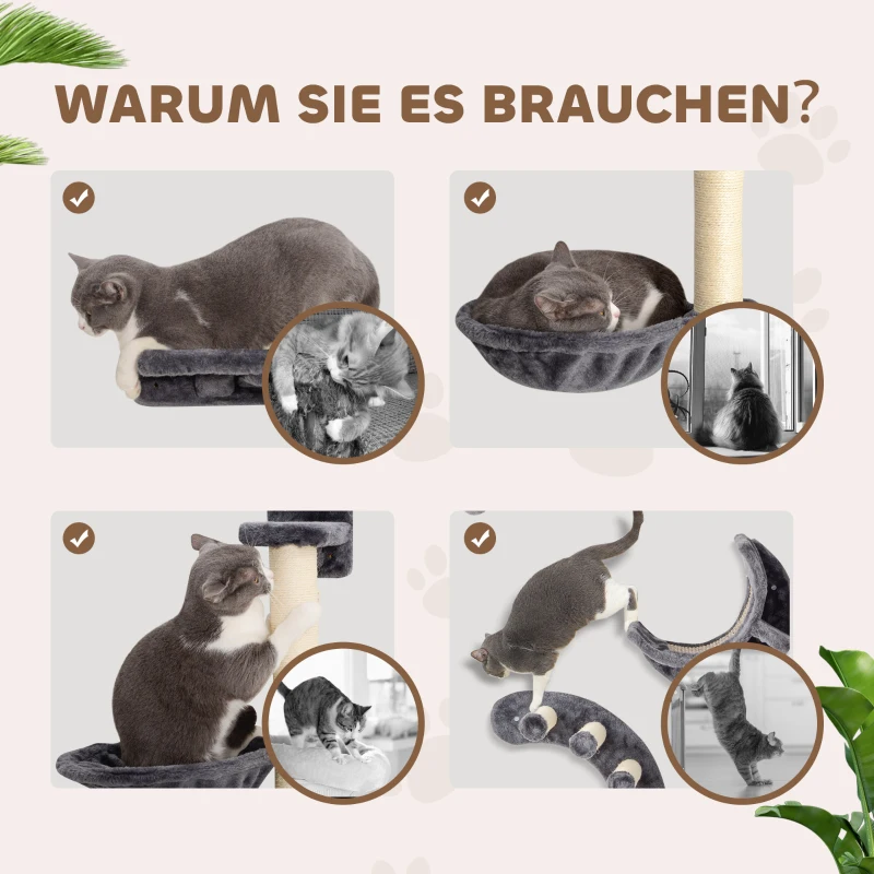 PawHut Klimwand Katten 4-delig Klimwand Set met Hangmat, Kattenbrug tot 5 kg, Donkergrijs