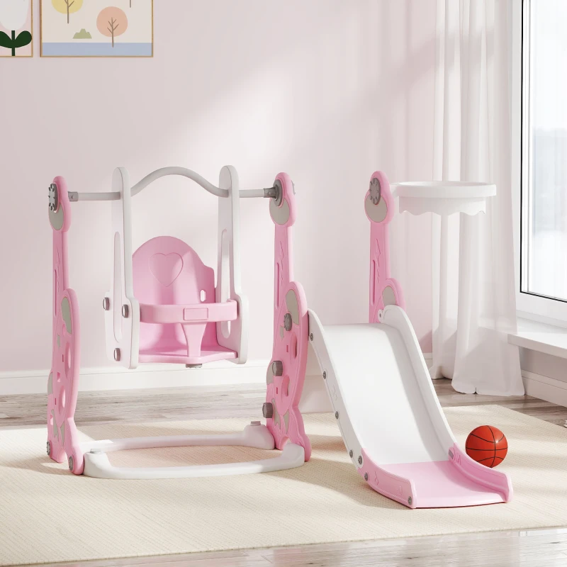 AIYAPLAY Toboggan et balançoire pour enfants 4 en 1 avec panier de basket et échelle, 147,5 x 160 x 107 cm, rose