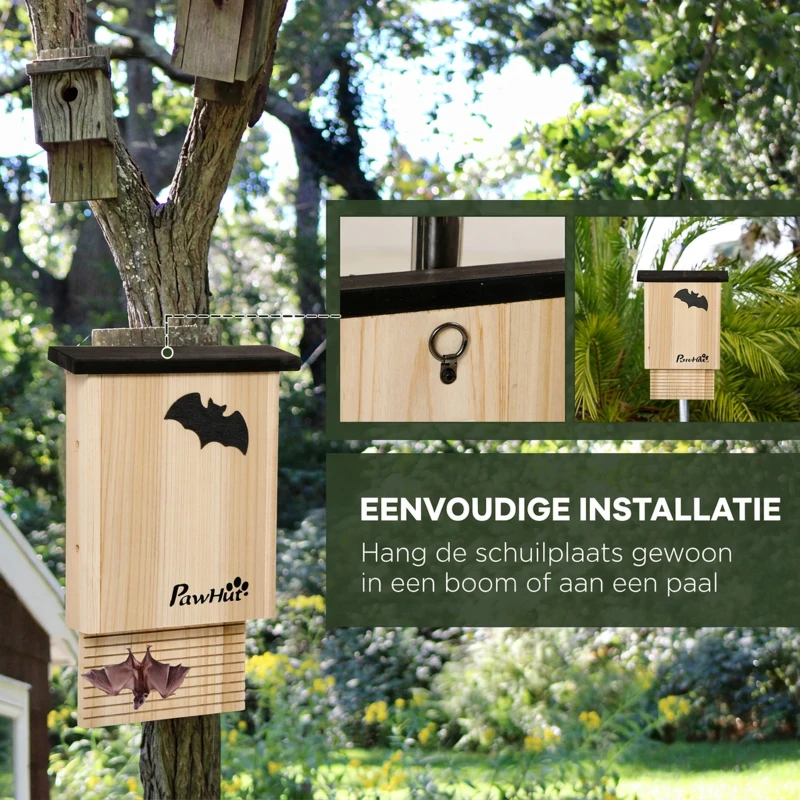 PawHut Set van 3 weerbestendige vleermuishokken, tot 3 vleermuizen per huis, behandeld dennenhout, natuurlijk+ zwart