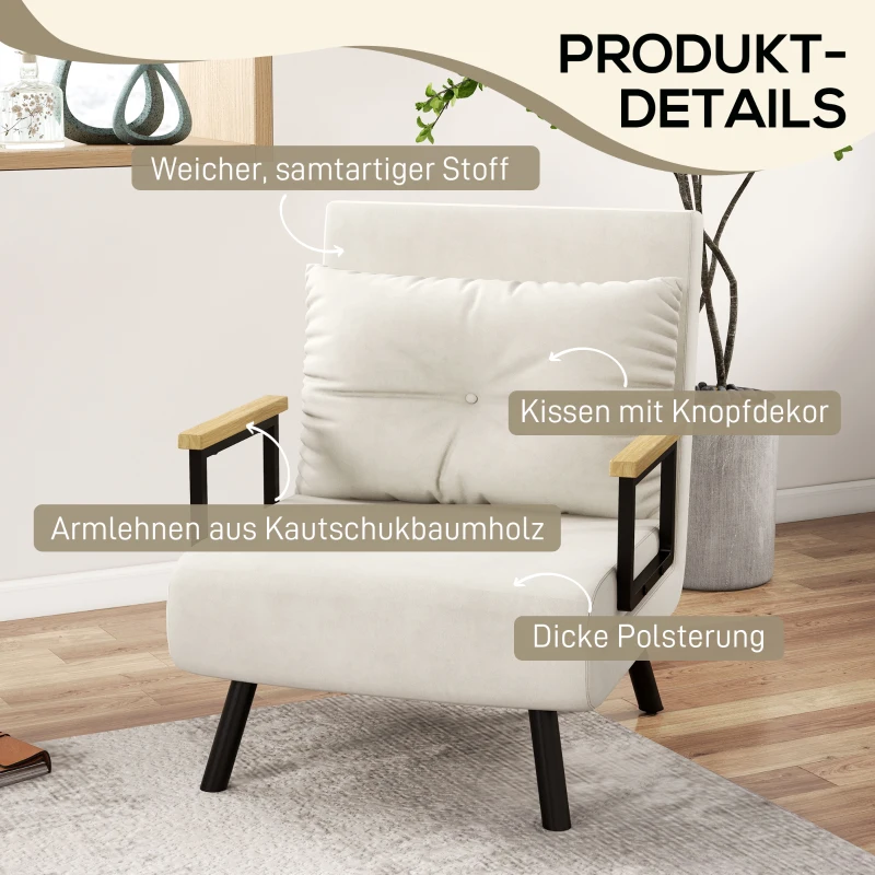 HOMCOM Relaxfauteuil in Scandinavisch design, ligfauteuil, leesfauteuil. incl. kussen met knoopafwerking, Crèmewit