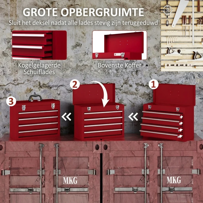 DURHAND Gereedschapskist met 4 lades, bovenvak, stalen sloten, draaggreep, 51x22x39,5 cm, Rood