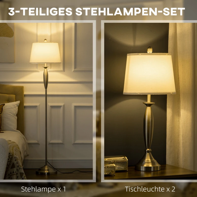 HOMCOM 2-delige lichtset. 1 vloerlamp, 1 tafellamp, linnenlook; 38 cm x 38 cm x 158 cm, zilver+wit