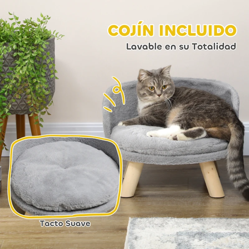 PawHut Cama para Perros Miniaturas con Cojín Lavable y Marco de Madera y Alfombrillas Antideslizantes Ø40,5x33 cm Gris