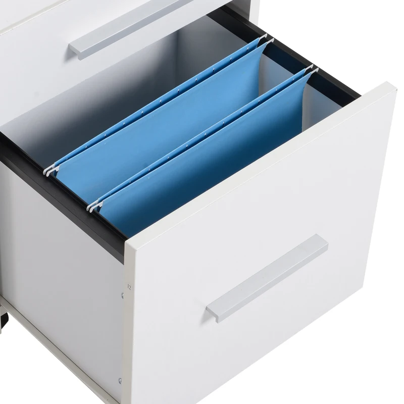 HOMCOM Gaveteiro de Secretária com Rodas e 3 Gavetas, Fechadura e 2 Chaves, Barras Ajustáveis para Arquivos, 39,2x40x65,4 cm, Branco