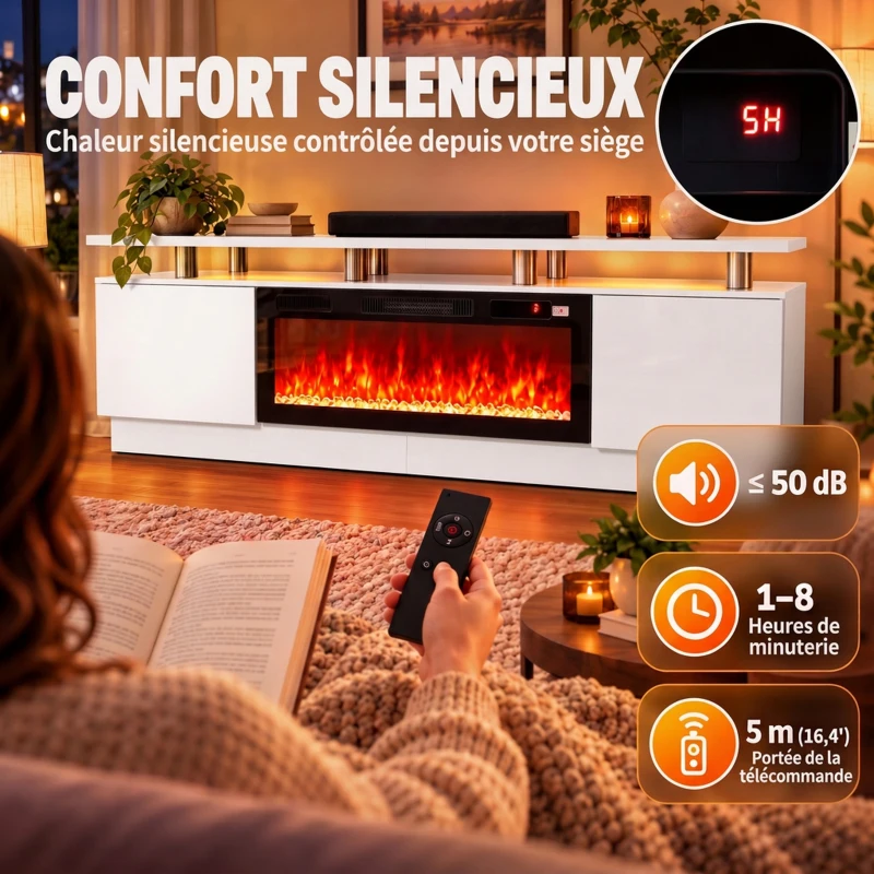 HOMCOM Meuble TV avec Cheminée Électrique 203cm avec Éclairage LED Fausse Cheminée Décorative 900/1800W Effet Flamme 3D Blanc