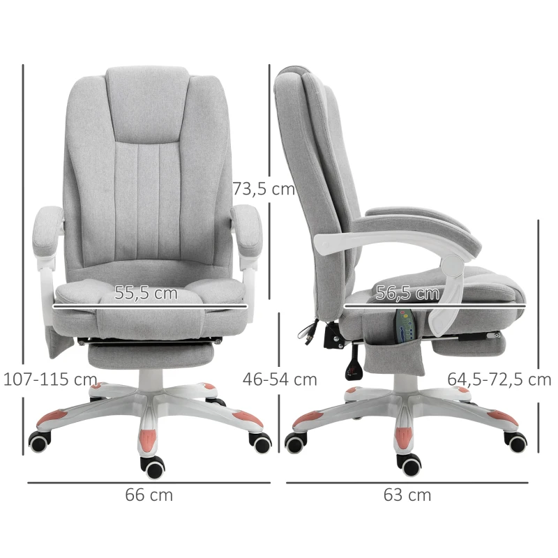 Vinsetto massagestoel, bureaustoel, gamestoel, polyester, schuimstof, nylon, grijs, 66 x 63 x 107-115 cm
