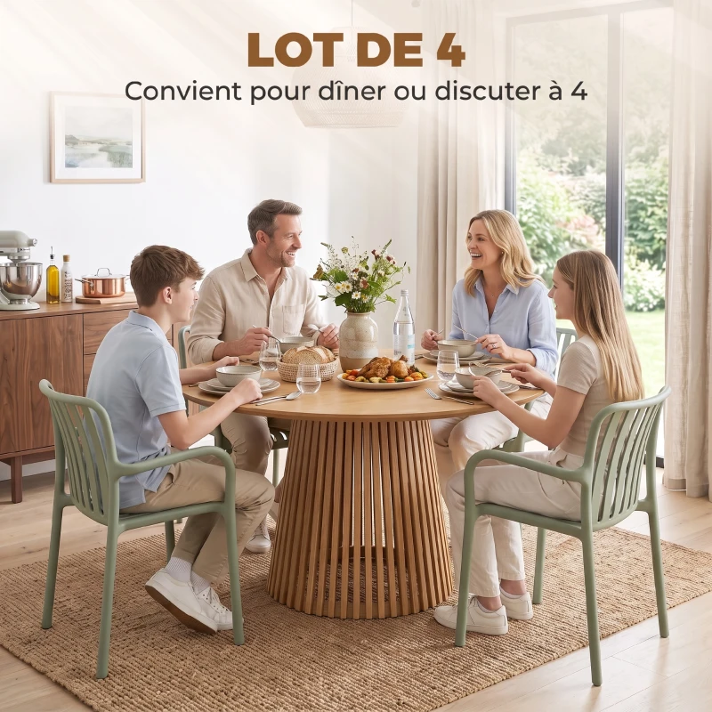 HOMCOM Lot de 4 Chaises Salle à Manger, Chaises de Cuisine Empilables en PP avec Dossier Incurvé à Lattes et Accoudoirs, Vert