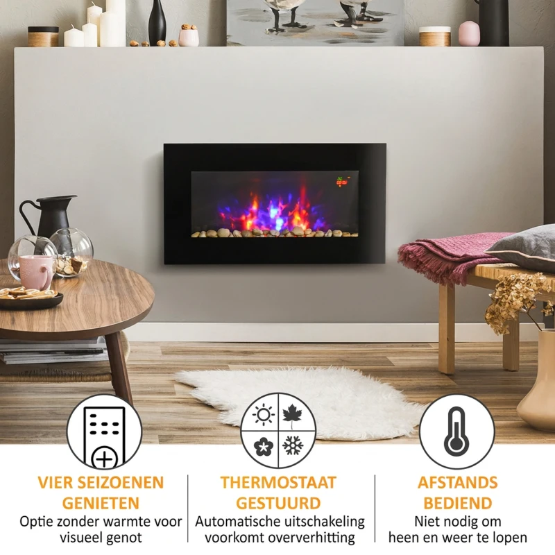 HOMCOM Elektrische Wandhaard, 1000W/2000W, LED-Vlameffect, Afstandsbediening, Stijlvol Uiterlijk, met Verwarmingsfunctie(m-4)