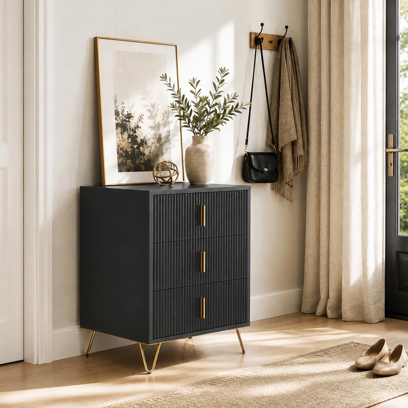 HOMCOM Modern 3-Drawer Dresser, Fluted Bedroom Dresser Chest of Drawers with Metal Legs and Steel Handles for Bedroom, Black