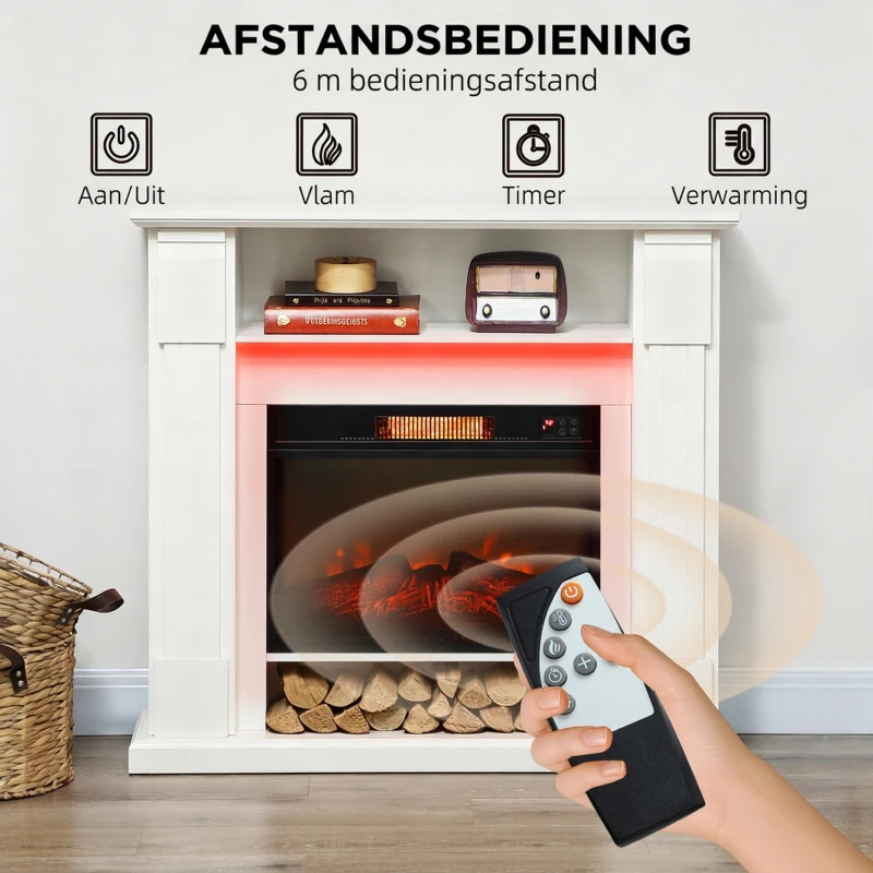 HOMCOM Elektrische haard met LED-verlichting, realistisch vlameffect, 1800W, schouw, 2 afstandsbedieningen, glas, Wit