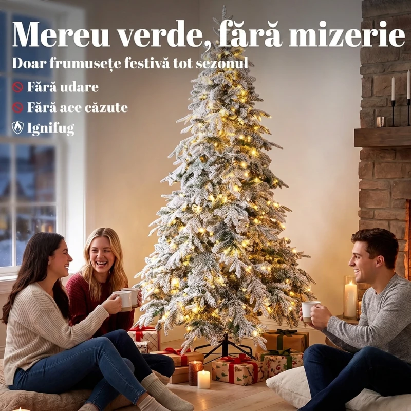 HOMCOM Brad de Crăciun Înzăpezit 180 cm cu 350 de Lumini LED Alb Cald, Timer, Telecomandă, 8 Modalități, 740 de Ramuri Ignifuge