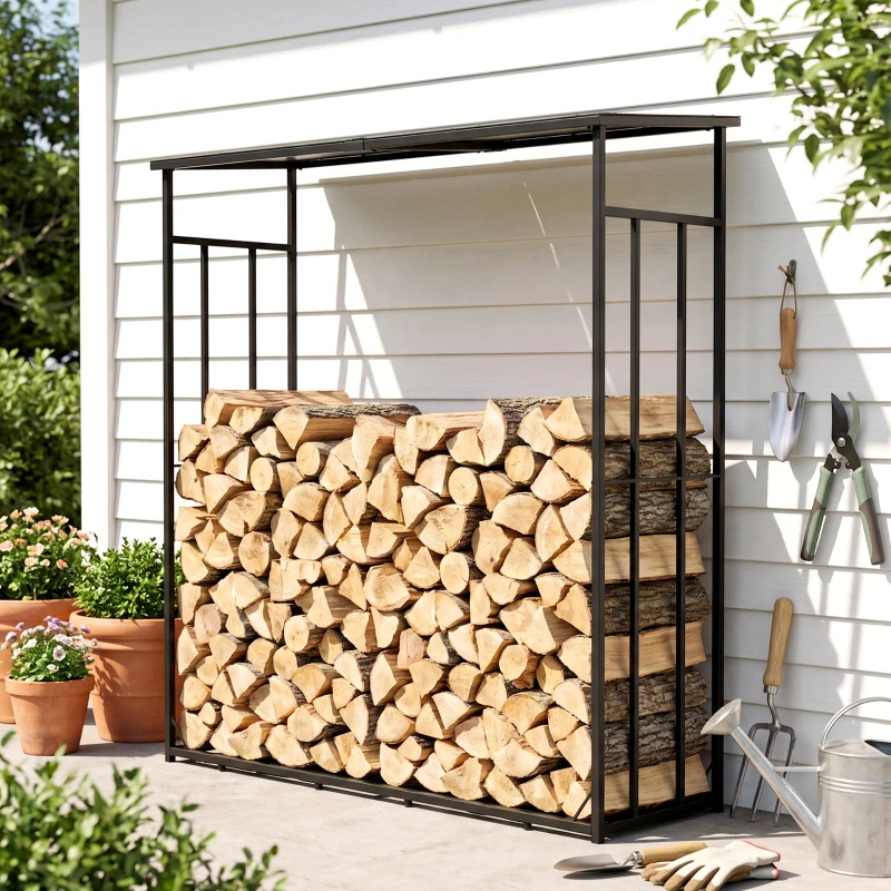 Outsunny Abri-bûches range-bûche extérieur charge maximale 2000 kg avec housse de protection imperméable 185 x 62 x 184 cm noir