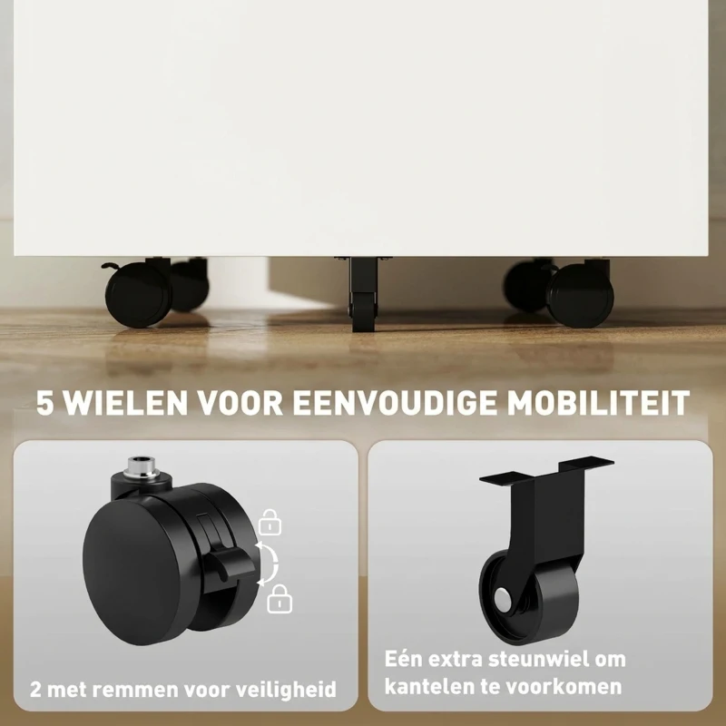Vinsetto Rolcontainer, archiefkast, scheidingswand, centraal afsluitbaar, stalen behuizing, 5 wielen, wit, 39 x 48 x 67 cm