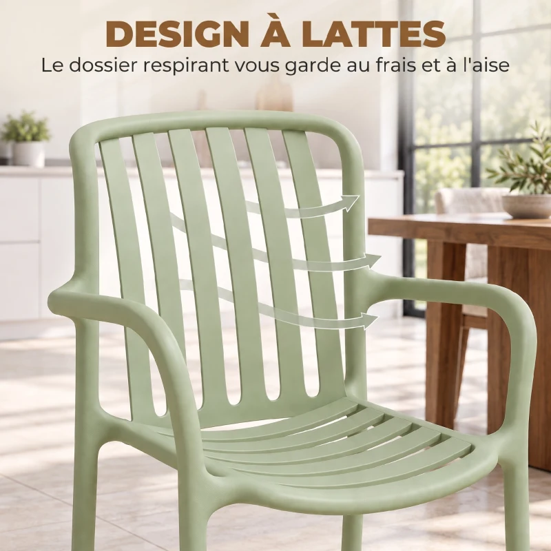 HOMCOM Lot de 4 Chaises Salle à Manger, Chaises de Cuisine Empilables en PP avec Dossier Incurvé à Lattes et Accoudoirs, Vert