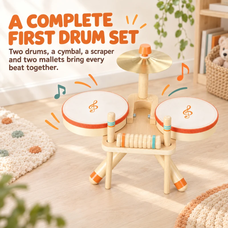 AIYAPLAY Kids Drum Kit, Wooden Musical Instruments with 2 Drums, Cymbal, Scraper, 2 Mallets for Toddlers, Music Learning, Natural