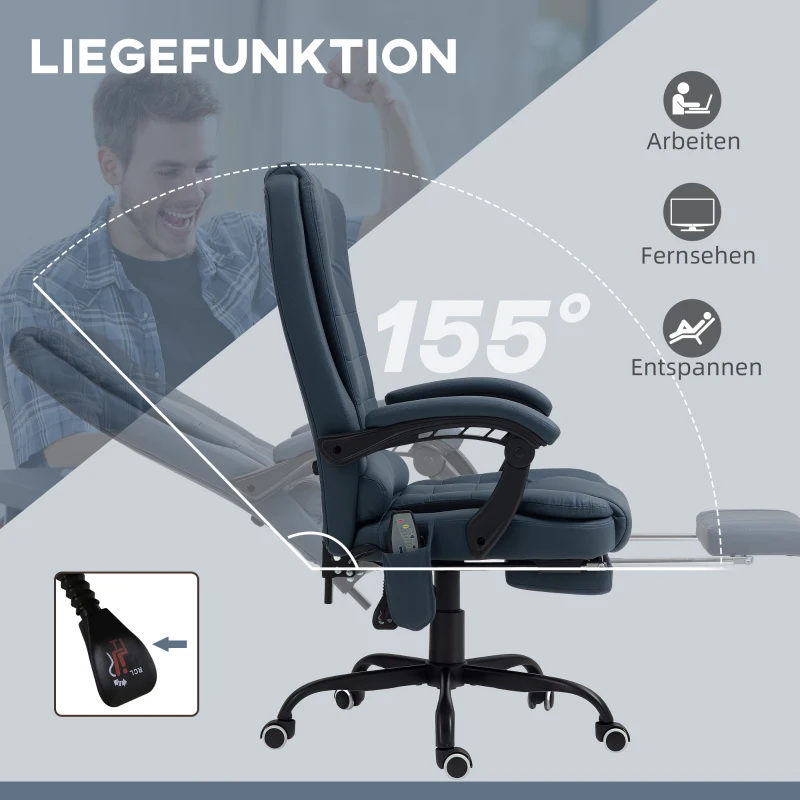 Vinsetto Massage Bureaustoel, 7 Vibratiepunten, Verstelbare Voetensteun & Rugleuning, tot 120 kg, Lederlook, Blauw(m-5)