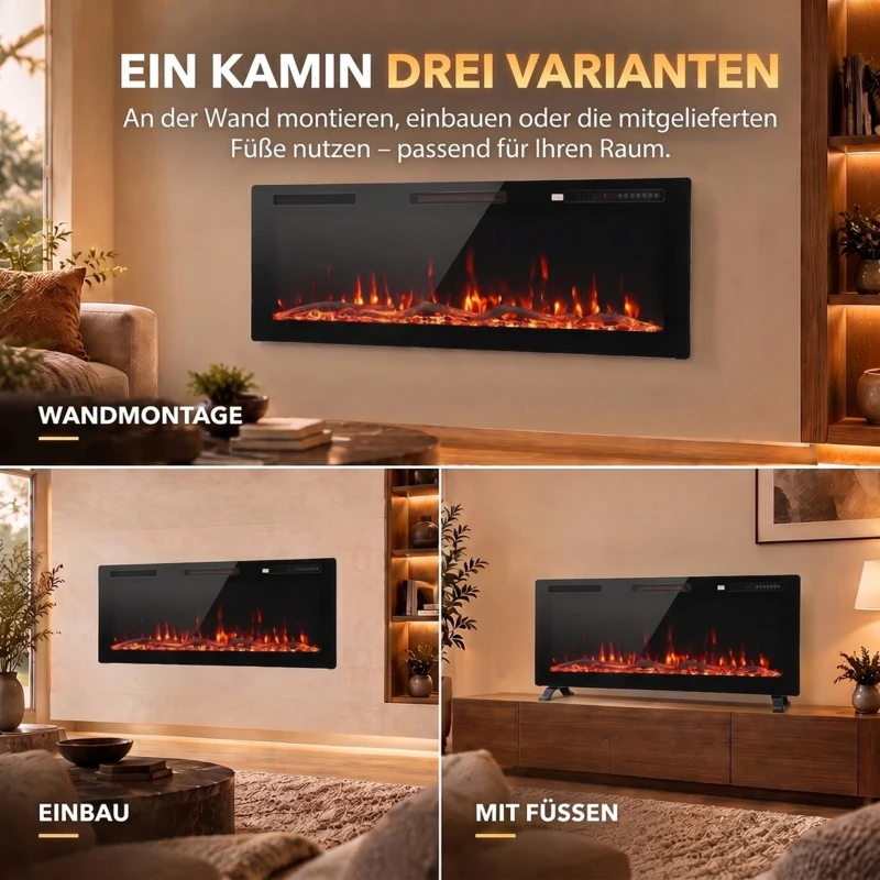 HOMCOM Elektrokamin ultradünn für Wandeinbau und Wandmontage Elektrischer Kamin mit Fernbedienung 127cm