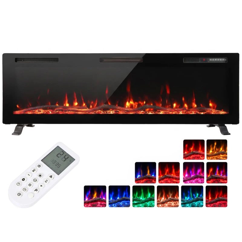 HOMCOM 3 IN 1 Slim Electric Fire, Wall Mounted/Recessed/Freestanding, Electric Fireplace with 12 Flame Colours, 5 Brightness