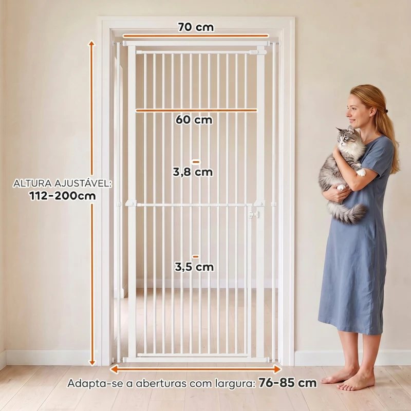 PawHut Barreira de Segurança Extra Alta para Crianças, Cães e Gatos 112-200 cm, Largura Ajustável 76-85 cm para Portas e Escadas